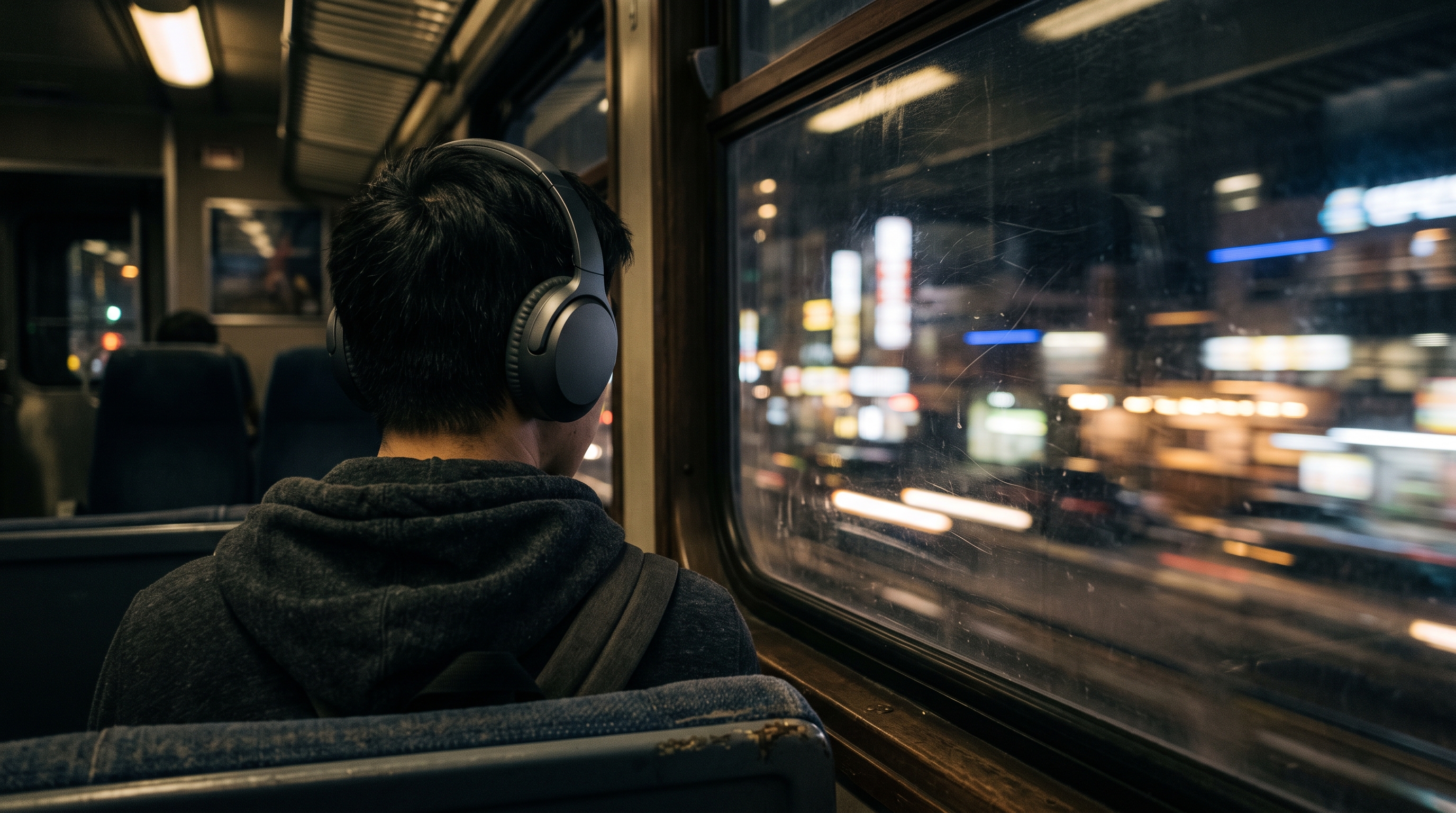 Commuter wearing AURIS One headphones on a night train, city lights blurred through the window